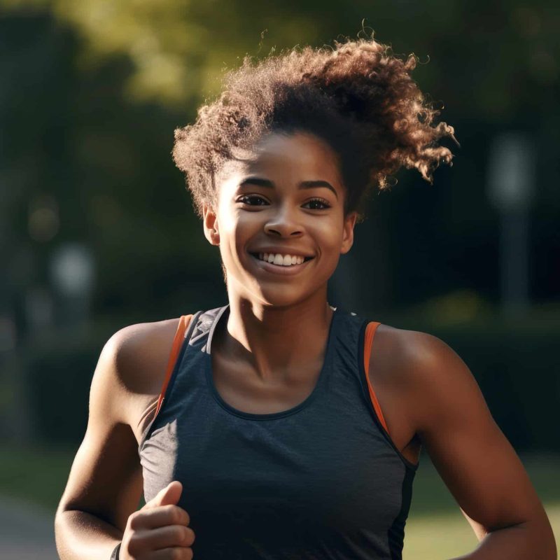 Positive African American female athlete with curly hair smiling and looking at camera while standing on blurred background of green park